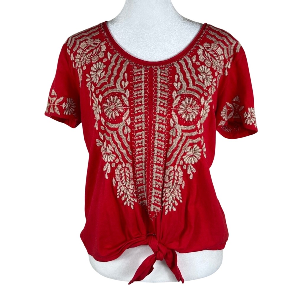 Johnny Was Top Womens XS Red Embroidered Tie Front Cotton‎ Short Sleeve Blouse